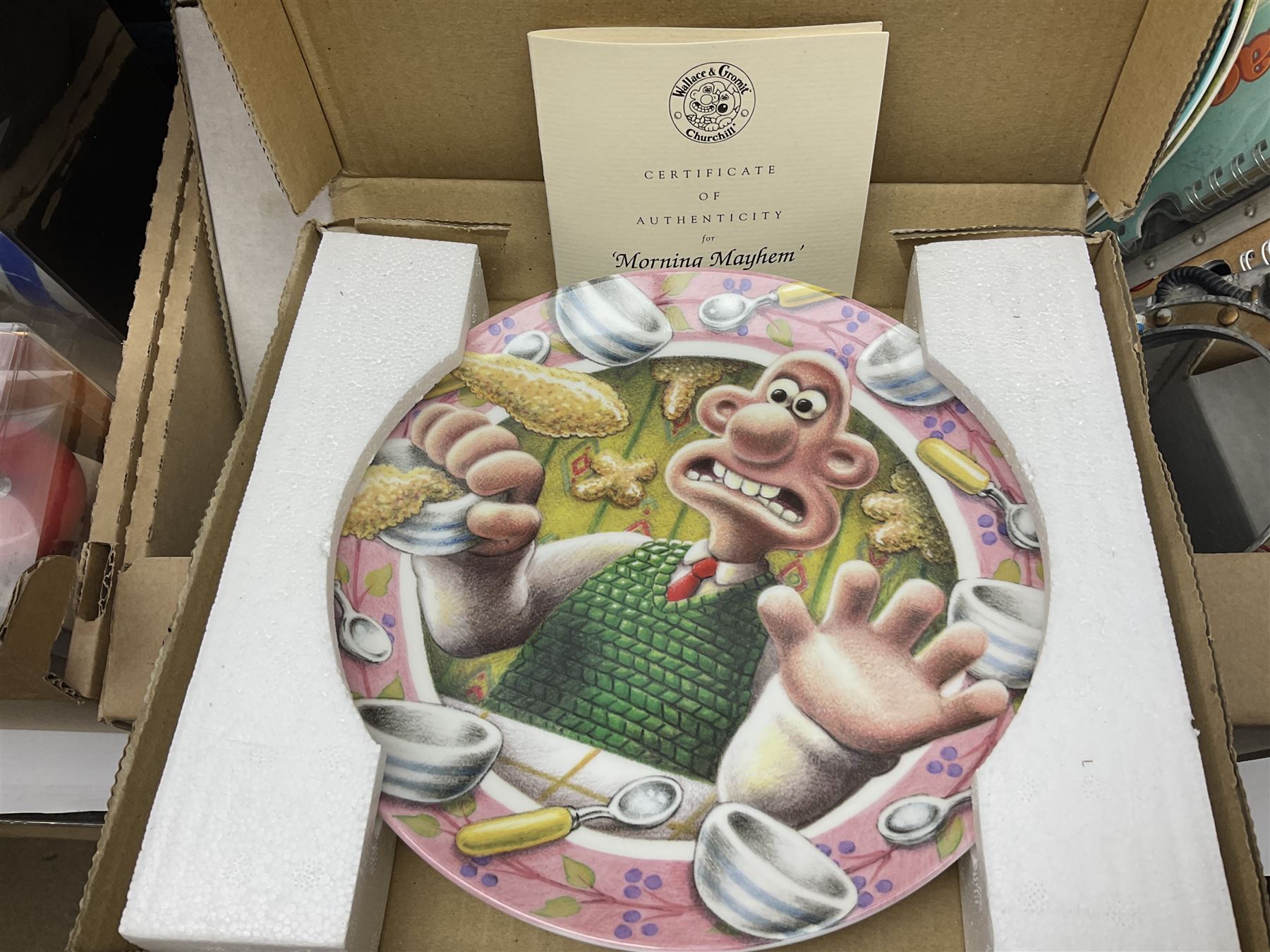 Wallace and Gromit and Shaun the Sheep collectables, including alarm clocks, plates, cafetiere, soft toys, etc, in two boxes