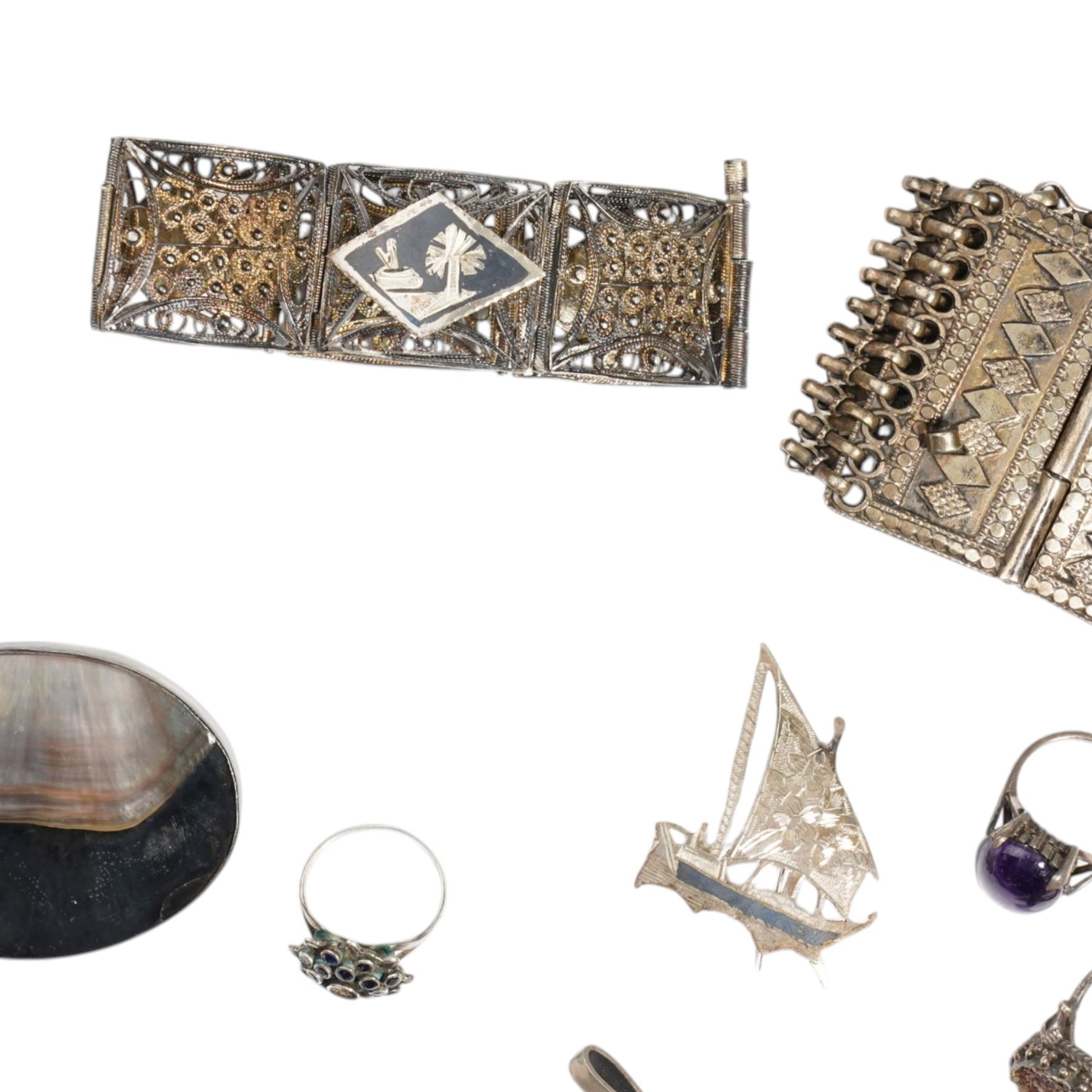 Silver fancy link bracelet, stone set jewellery including cross pendant necklace, silver thimble, Siam silver bracelet and brooches