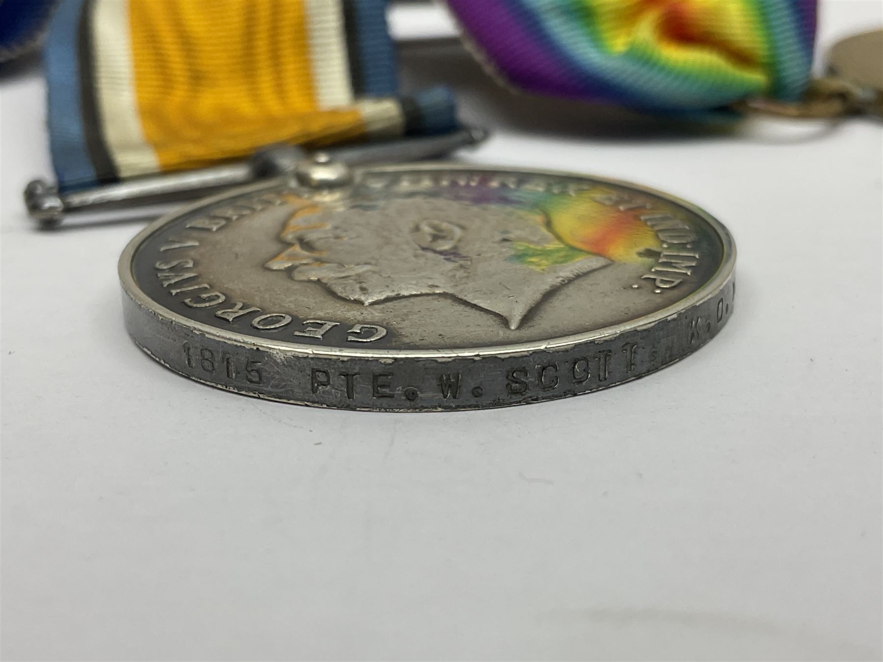 WWI trio of medals comprising British War Medal and Victory Medal awarded to 1815 Pte. W. Scott K.O.Y.L.I. and 1914-15 Star awarded to 200196 Pte. W. Scott Yorks. L.I.; with ribbons on wearing bar