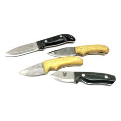 TBS Boar knife, the 6cm steel blade with boar's head motif L16cm; Gary Mills bushcraft knife with 10cm steel blade; and two other short blade hunting knives with hardwood handles, one with damascus blade (4)