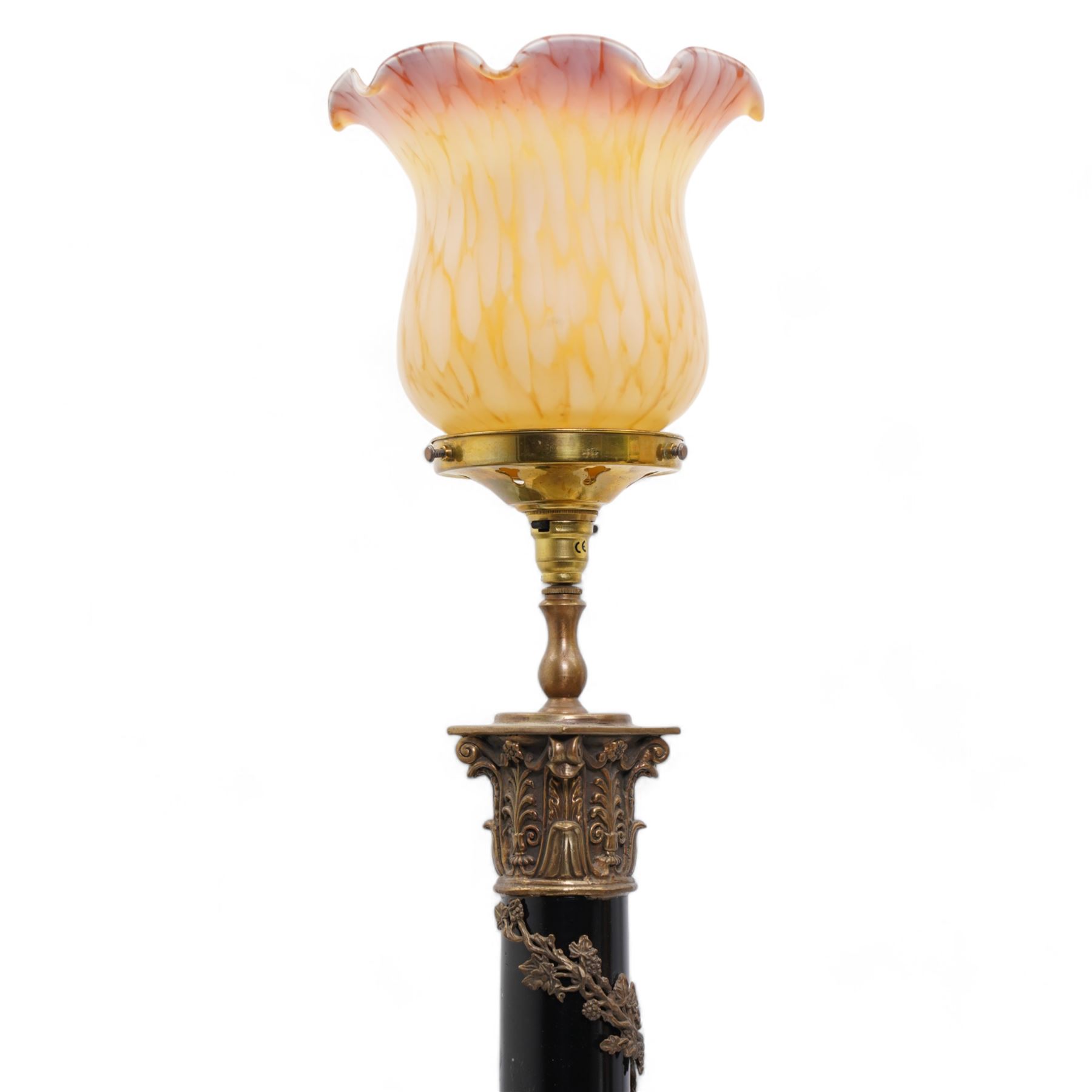 Victorian copper and brass fire hose branch, converted to a table lamp, on circular wooden plinth, H63cm together with a 20th century brass and ebonised corinthian column table lamp, with vine entwined stem and leaf cast square base, both with mottled glass shades (2)