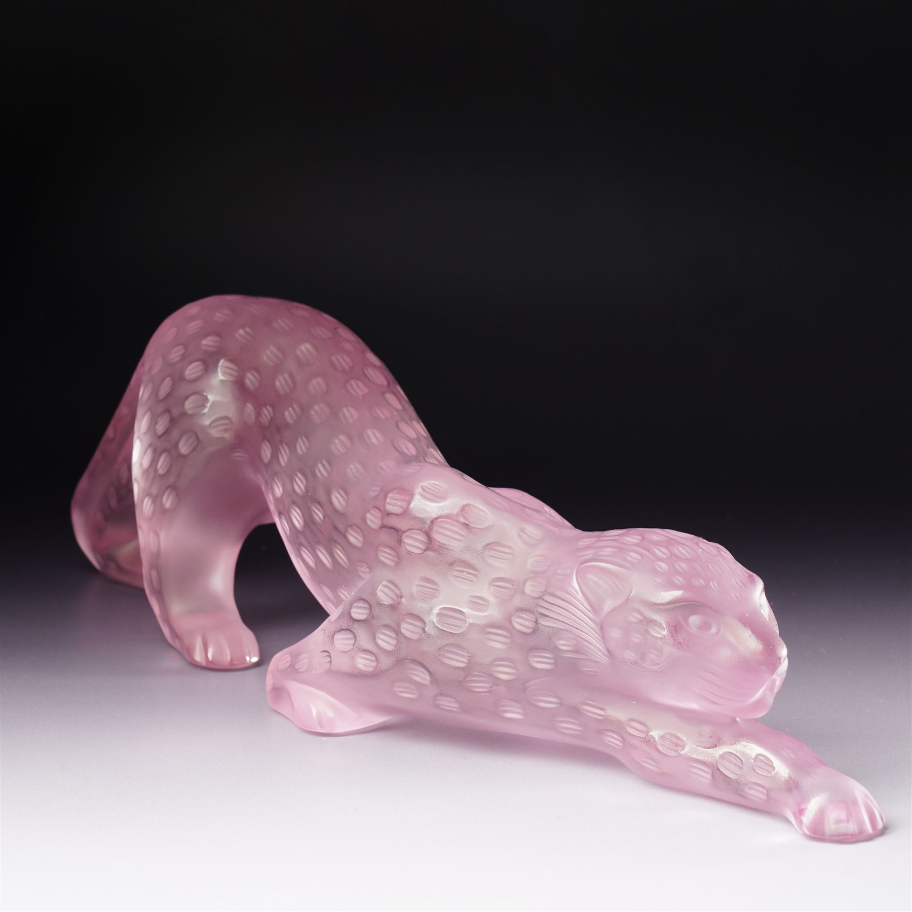 Lalique frosted and clear pink glass model 'Zeila Panther' designed by Marie-Claude Lalique signed 'Lalique France' L34cm with guarantee etc in original Lalique pink box