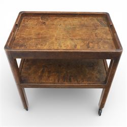 Yorkshire oak dark stained tea trolley, adzed two tier table, raised on castors