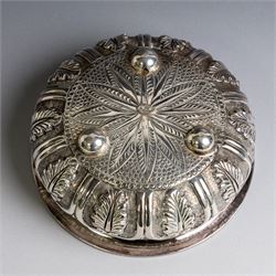 Indian silver bowl, of circular form with embossed acanthus leaf decoration, upon three bun feet, D5.5cm, H13cm