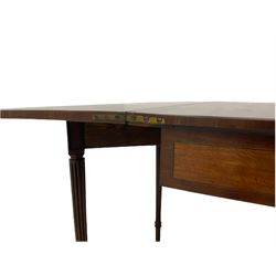 Early 19th century tea table, rectangular fold-over top with rounded corners, the frieze and sides inlaid with satinwood panels, double gate-leg action base, on reeded supports 