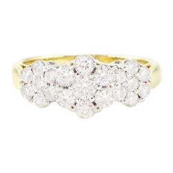 18ct gold diamond flower head cluster ring, three clusters each set with seven round brill...
