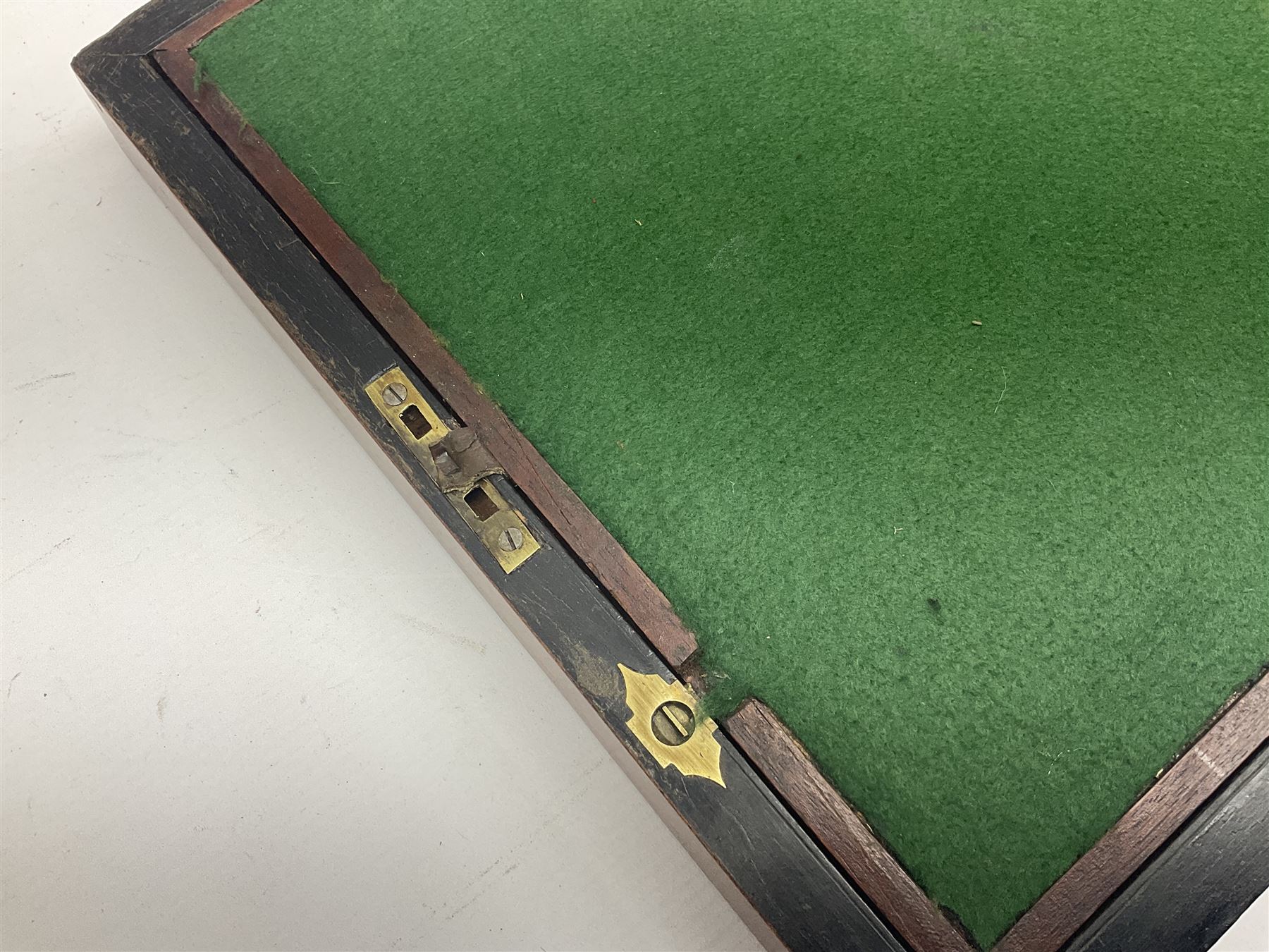 Victorian walnut and parquetry banded work box with brass shield and escutcheon, L30cm, together with mahogany writing slope with green baize writing surface, L35cm