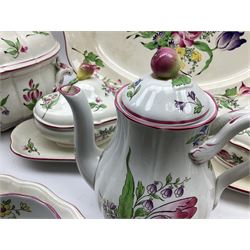 Matched Copeland Spode, Spode and French Luneville and Marlborough Sprays pattern dinner and tea wares, comprising two tureen and covers and apple finials, two sauce tureen and covers with pear finials and fixed stands, six graduated platters including two pairs, large plate, thirteen dinner plates, twelve bowls, ten smaller bowls, eight side plates, eleven smaller side plates, teapot, twin handled sucrier and cover with apple finial, open sucrier, cream jug, smaller cream jug, four breakfast cups, eight tea cups, four large saucers, eleven smaller saucers, and nine further smaller saucers. 