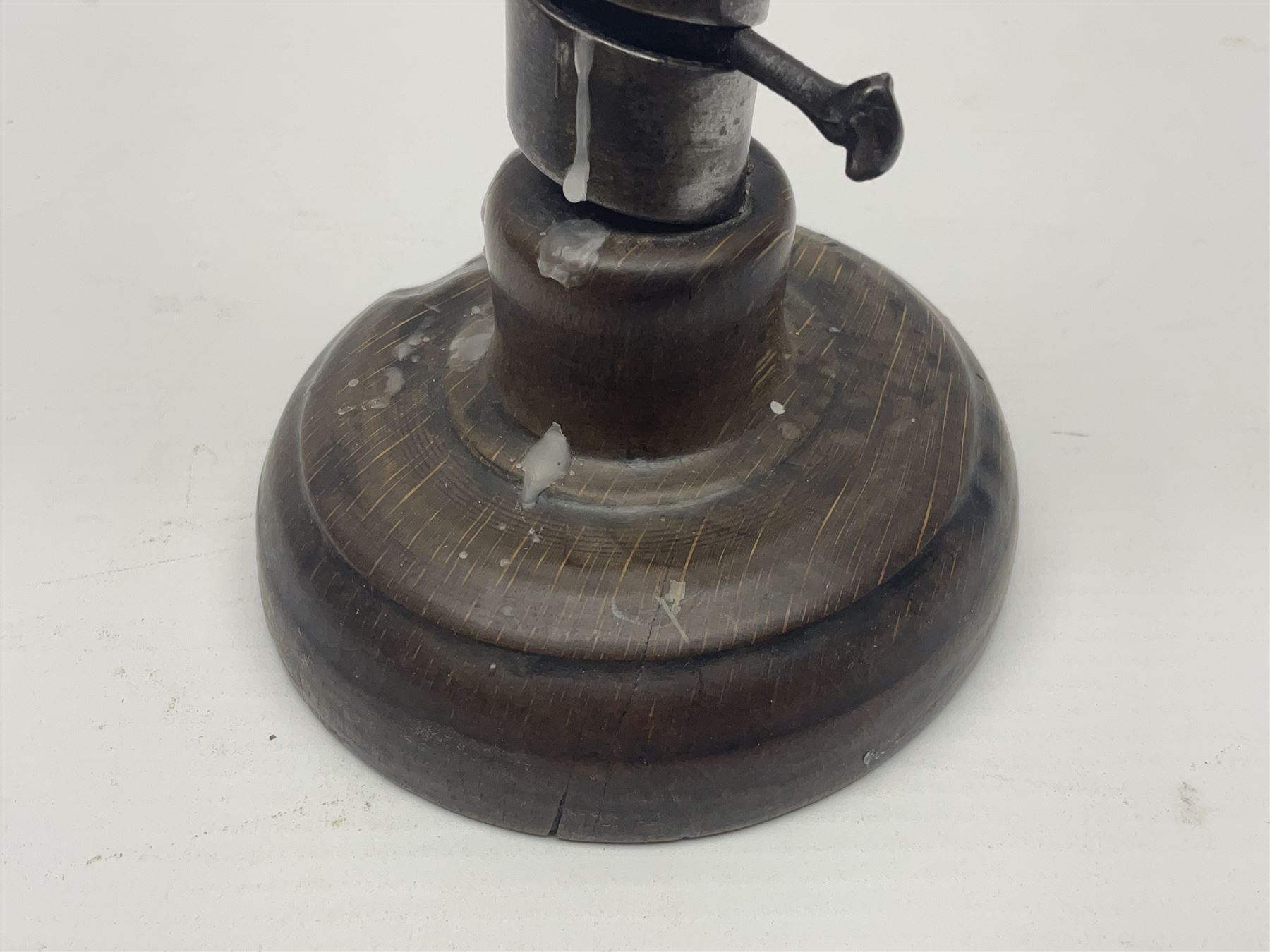 18th century spiral rat de cave candlestick on domed wooden base, H20cm