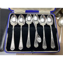 Collection of silver plate to include teapots, coffee pots, milk jug, sucrier, serving spoons, etc, together with pewter tankards 