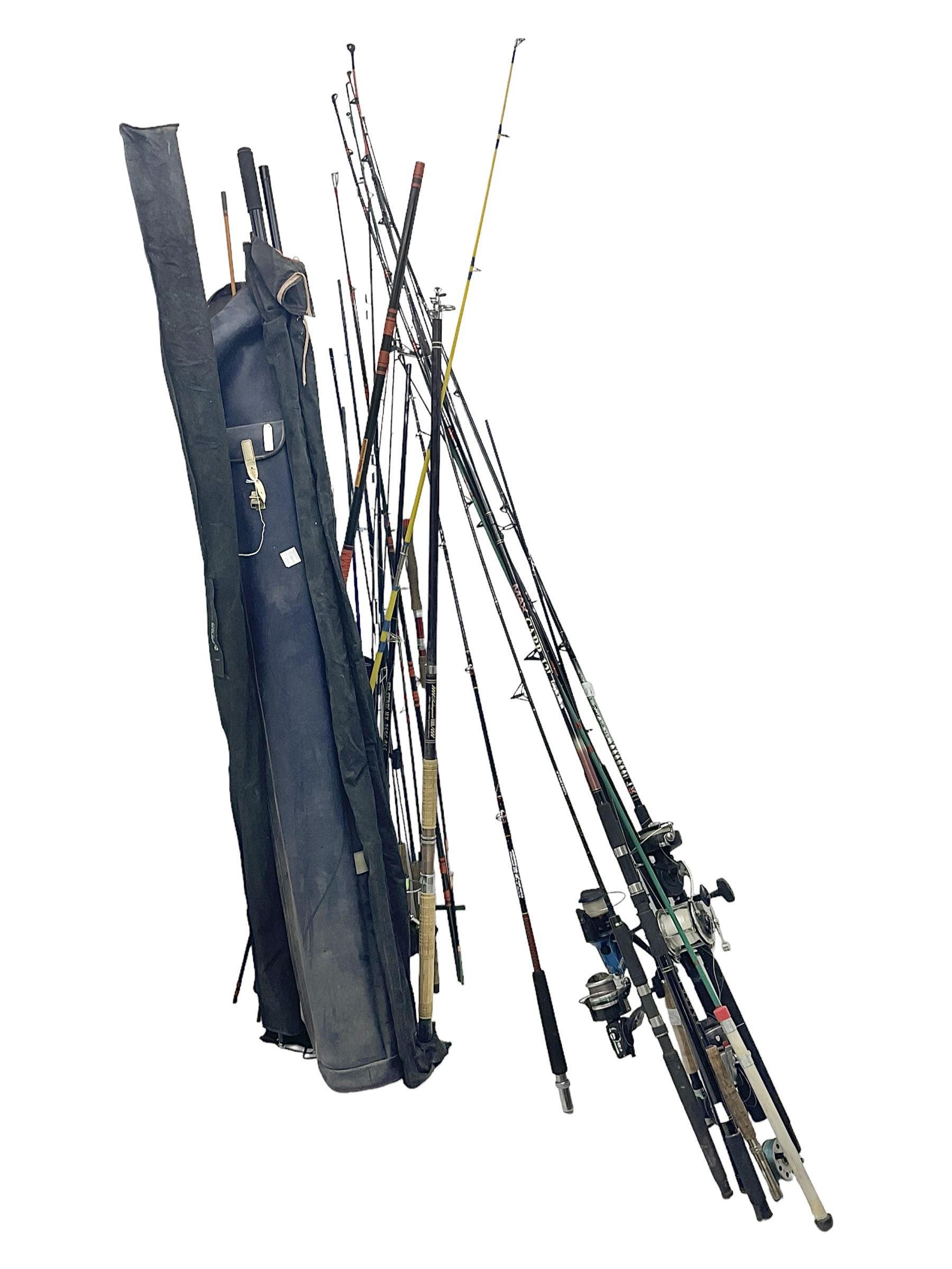 Large collection of part fishing rods and reels, maker's including Silstar, Dynabraid and Madfish, etc 