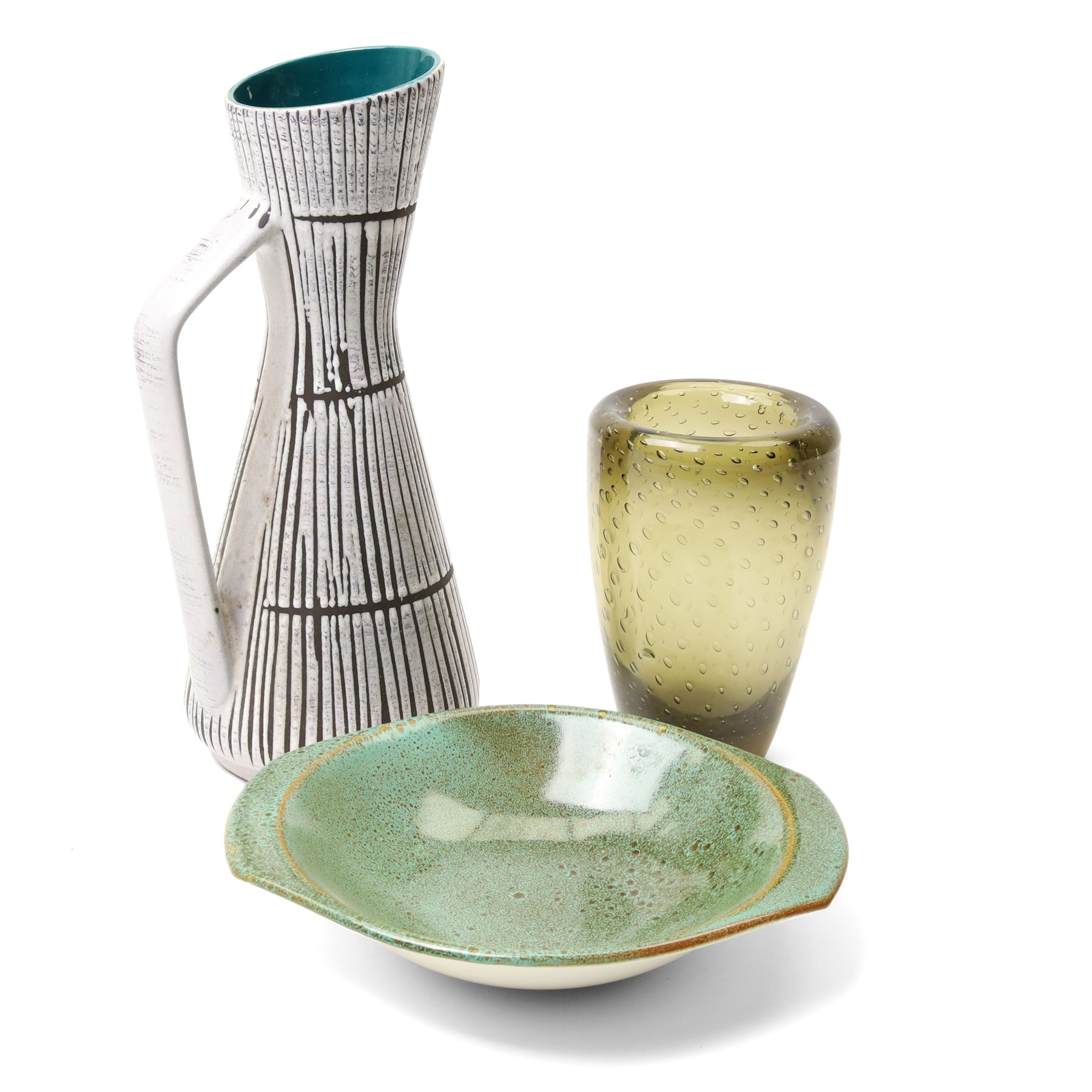 Whitefriars 'Controlled Bubble' vase, in the Twilight colourway, H19.5cm; together with a West German pitcher, H37cm, and Poole pottery twin handled dish, D28cm (3)