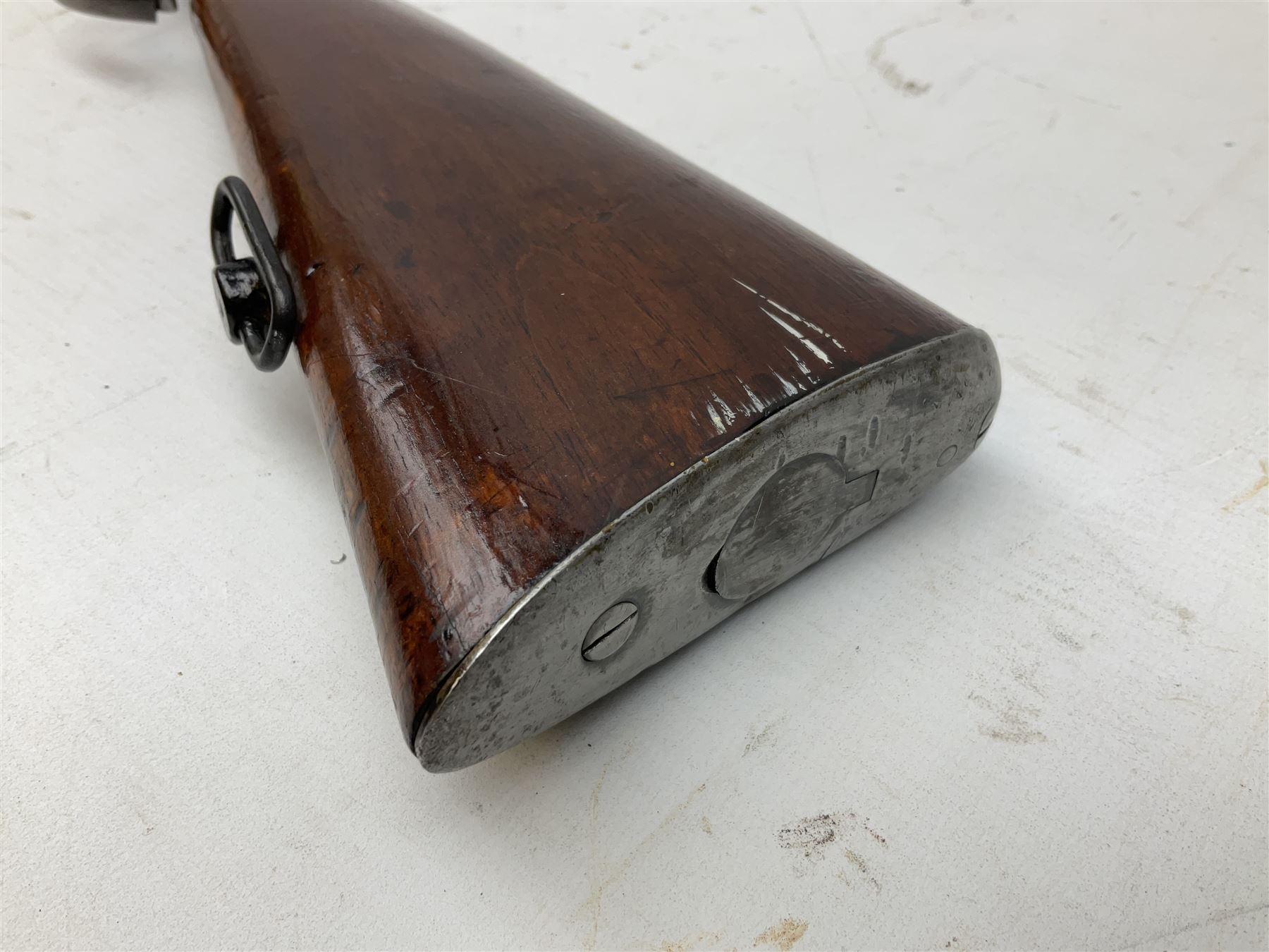 Westley Richards .310 Cadet Martini action rifle, the 63.5cm smooth bored barrel with one barrel band, walnut stock stamped 93/352 with hinged compartment to butt, serial no.3365, L103cm