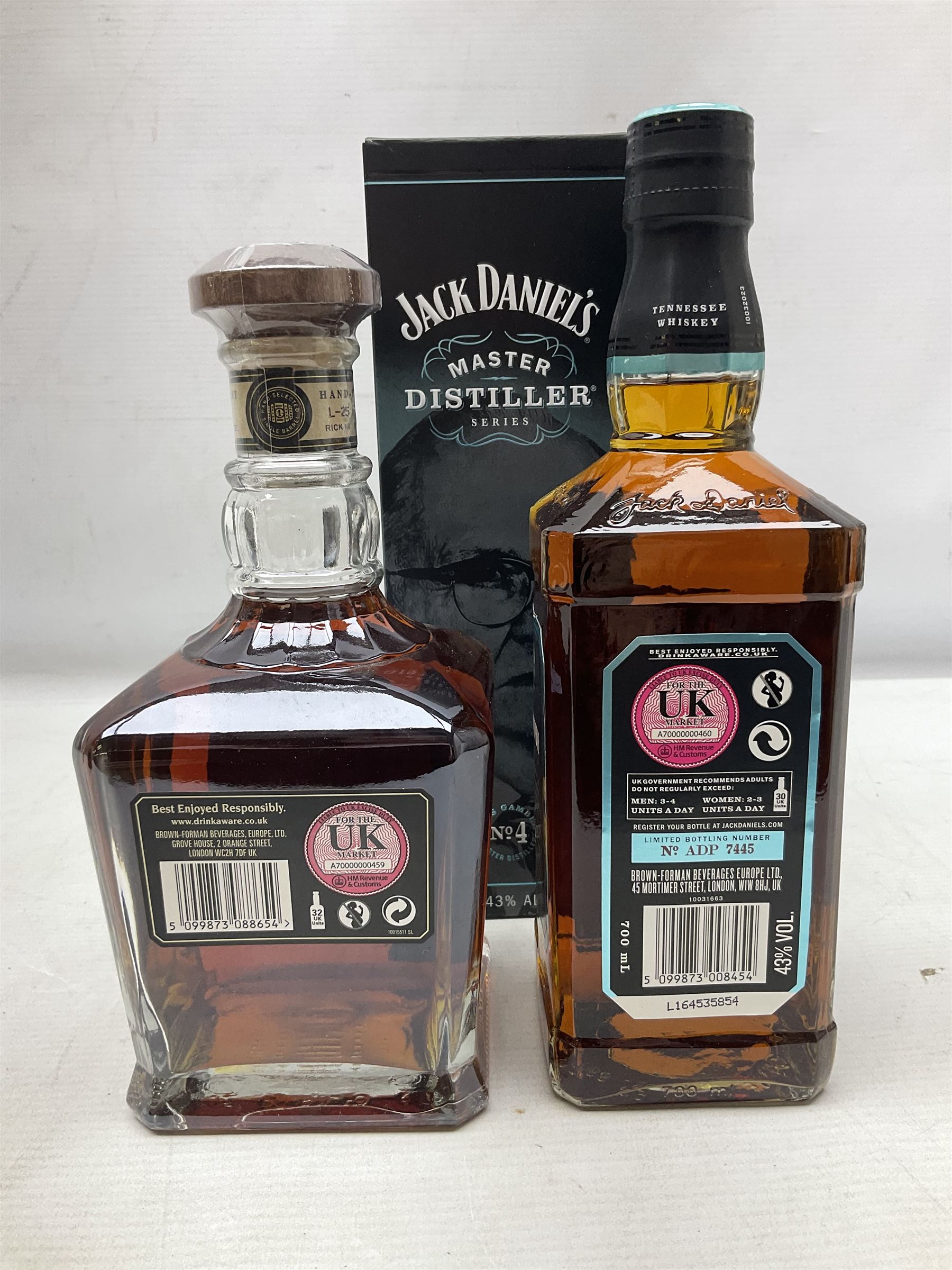 Jack Daniels, single barrel Tennessee whisky, 700ml, 45% vol, Jack Daniels, Tennessee whiskey master distiller series No.4, 700ml, 43% vol, and Courvoisier VSOP cognac, 70cl, 40% vol (3)