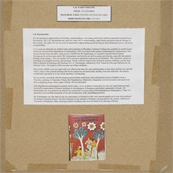  L K Karunaratne (Sri Lankan 1932-2013): 'Vattiamma', poster colour on card signed with initials 32cm x 18cm

Notes: Karunaratne was a key figure in Sri Lanka’s heritage conservation movement and a respected artist. Known for his work documenting Sri Lankan archaeology, he specialized in painting the rich traditions of the Kandyan period and Buddhist architecture. Vattiamma demonstrates his mastery of poster colour, capturing the essence of Sri Lankan life and culture. Karunaratne’s detailed studies of sites like Degaldoruwa and Medawala, as well as his extensive drawings of Kelaniya clay toys, highlight his dedication to preserving the island's artistic legacy. His works have been showcased in exhibitions organized by the National Trust of Sri Lanka and are held in various collections, including the University of Moratuwa and other important private and state collections.