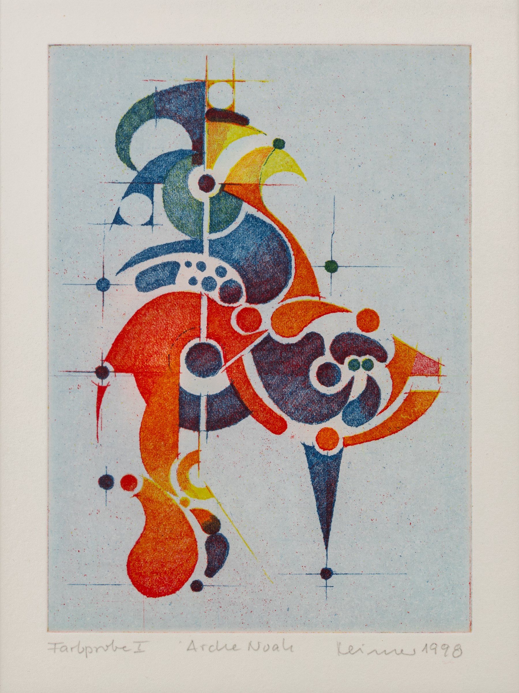 Hans-Joachim 'Jockel' Reisner (German 1938-2023): 'Arche Noah' and Geometric Abstract, pair of coloured etchings signed and dated 1998 and 2003, one titled in pencil 22cm x 15.5cm (2)
Notes: Reisner is best known for creating the Bradford City Fire Memorial in 1986. His style of printmaking is characterised by geometric lines and shapes, influenced by his degree in engineering.
