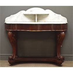  Victorian mahogany marble top washstand, raised shaped back, single frieze drawer, cabriole legs joined by an under tier, W117cm, H100cm, D55cm  