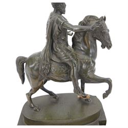 After the antique, bronzed figure of Marcus Aurelius upon horseback, on a rectangular stone base, H22cm   