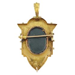 Victorian 18ct gold Etruscan revival brooch/pendant, with applied bead and rope twist decoration and glazed panel to reverse