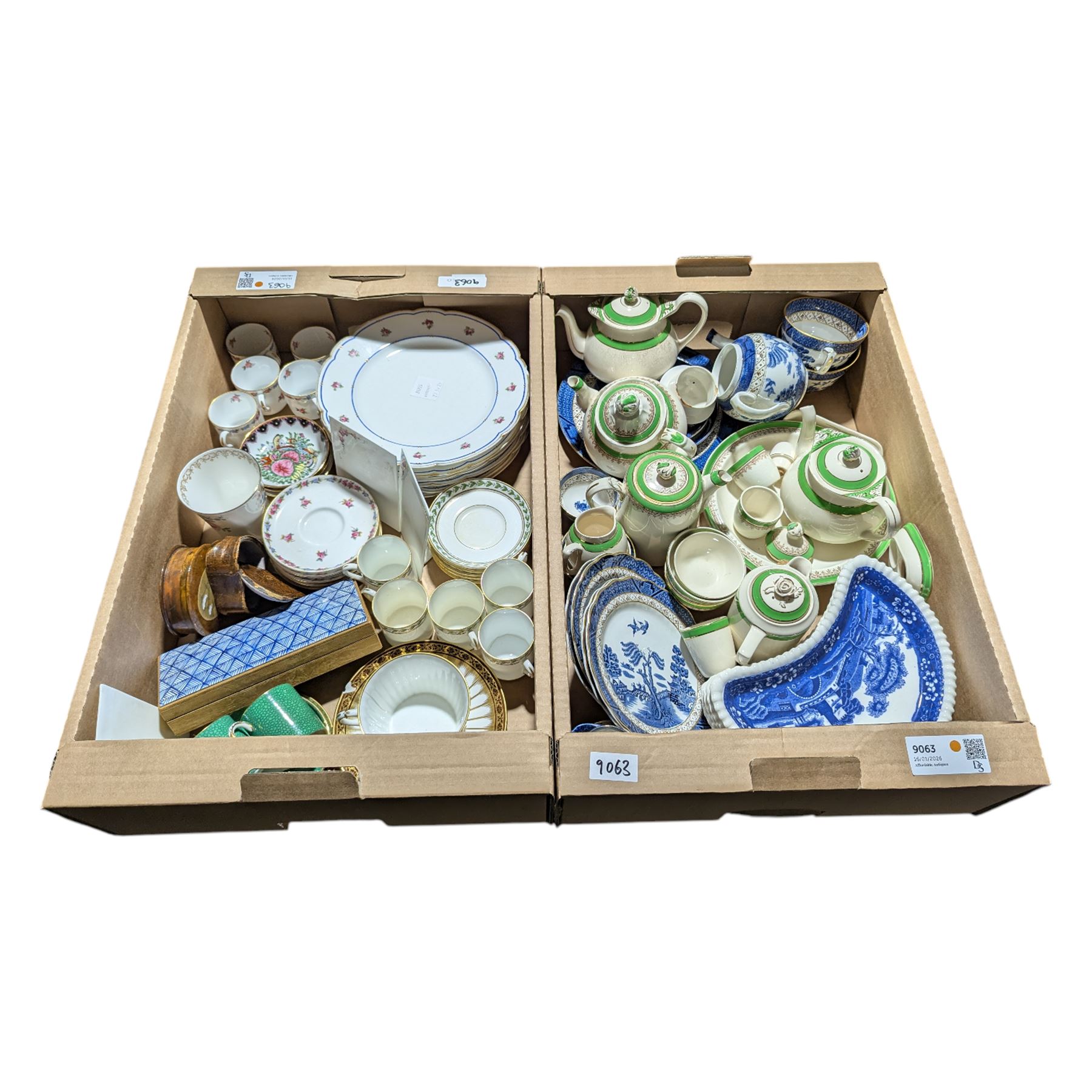 Booths Real Old Willow teaware, Tuscan china coffee cups and saucer, Wedgwood cup and saucer, etc in two boxes
Provenance: from the Kirkham Hall estate. 