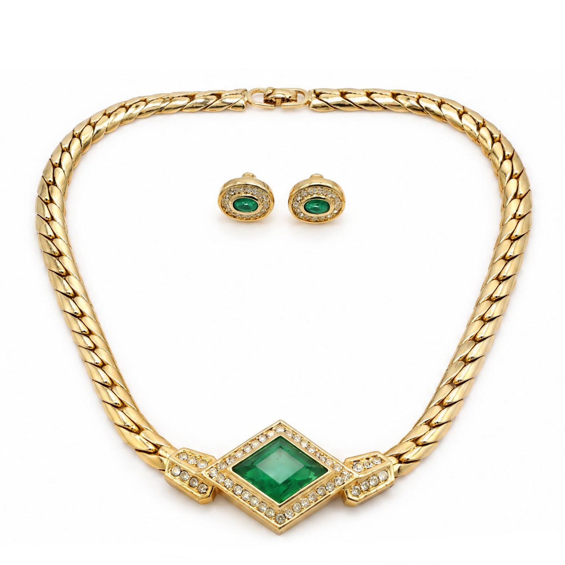 Dior gilt metal Gripoix green and white crystal set collar necklace, stamped Chr. Dior, with a matching pair of earrings, circa 1980's