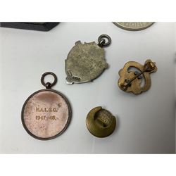 WWI pair of medals comprising British War Medal and Victory Medal awarded to 380807 Pte. W. Hayles Hamps. R.; Imperial Service Medal awarded to William Hayles; cased and boxed; WWII 1939-1945 War Medal and Defence Medal in issue box with slip; 1930s hallmarked silver football presentation fob etc