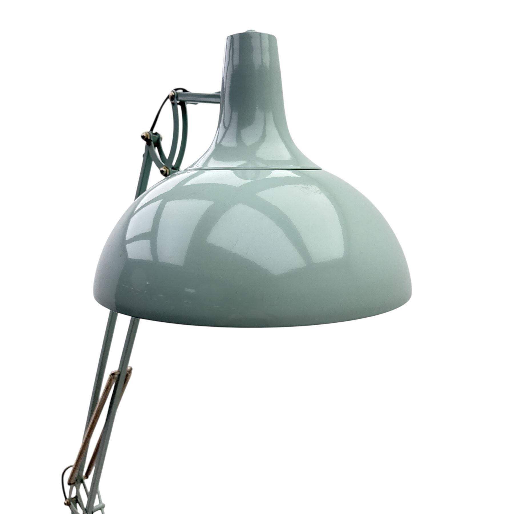 Contemporary Anglepoise-style industrial floor lamp, pale blue painted domed metal shade on adjustable double arm with tension springs, set on a weighted circular base