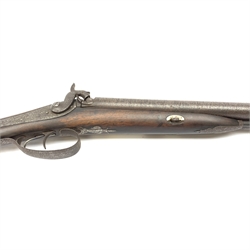 19th century 16-bore muzzle loading, percussion cap, side-by-side double barrel shotgun, with walnut stock, chased action with indistinct makers name and 74cm damascus barrels with under barrel ramrod L116cm overall