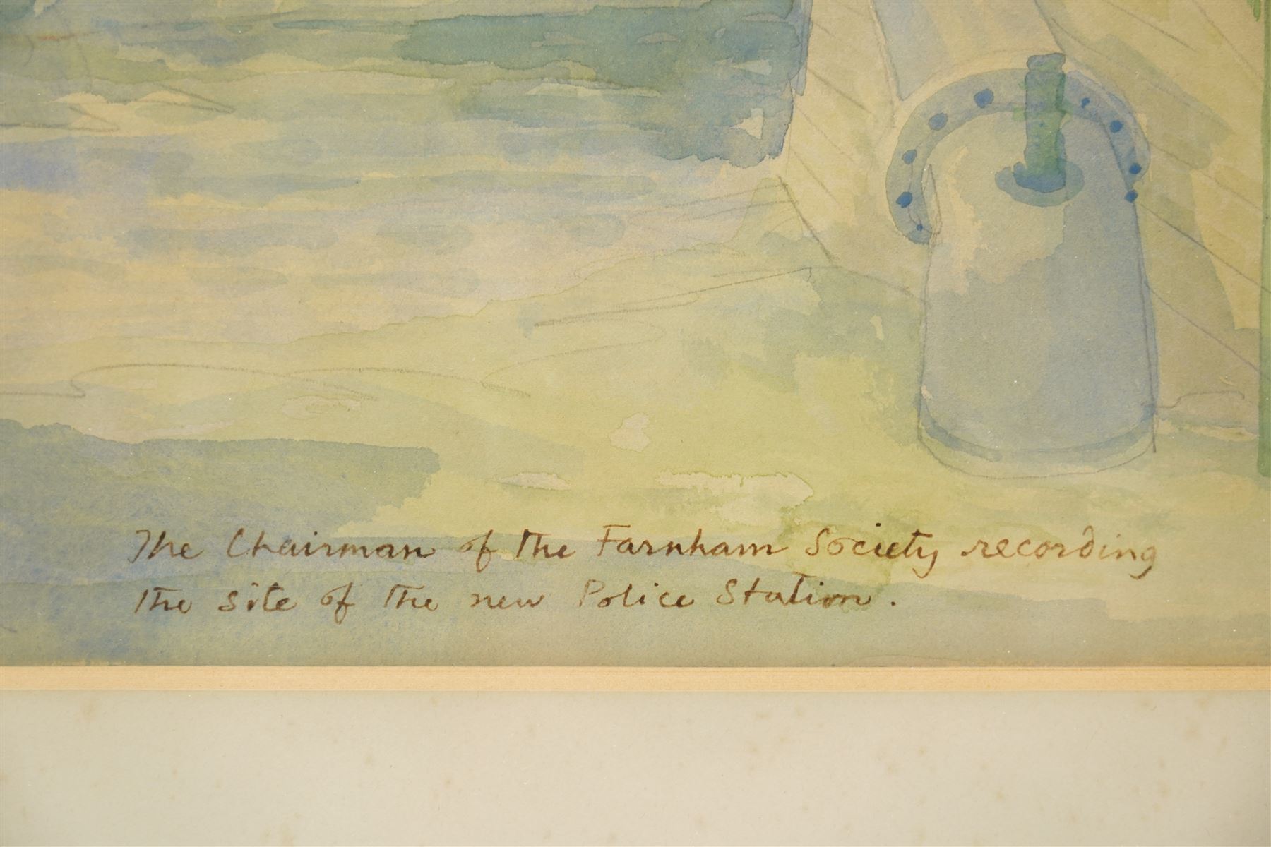 Sir John Verney (British 1913-1992): 'Mills Yard' - The Chairman of the Farnham Society Recording the Site of the New Police Station, watercolour signed and dated 1961, titled verso 33cm x 49cm 