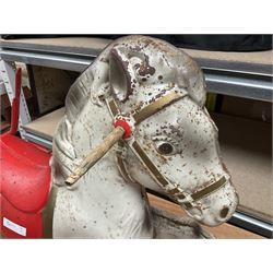 1960's Mobo Toys (David Sebel & Co) Prairie King spring rocking horse on stand, painted pressed steel construction, red tubular stand, trademark red and yellow circular Mobo logo, 100cm long (dismantled)