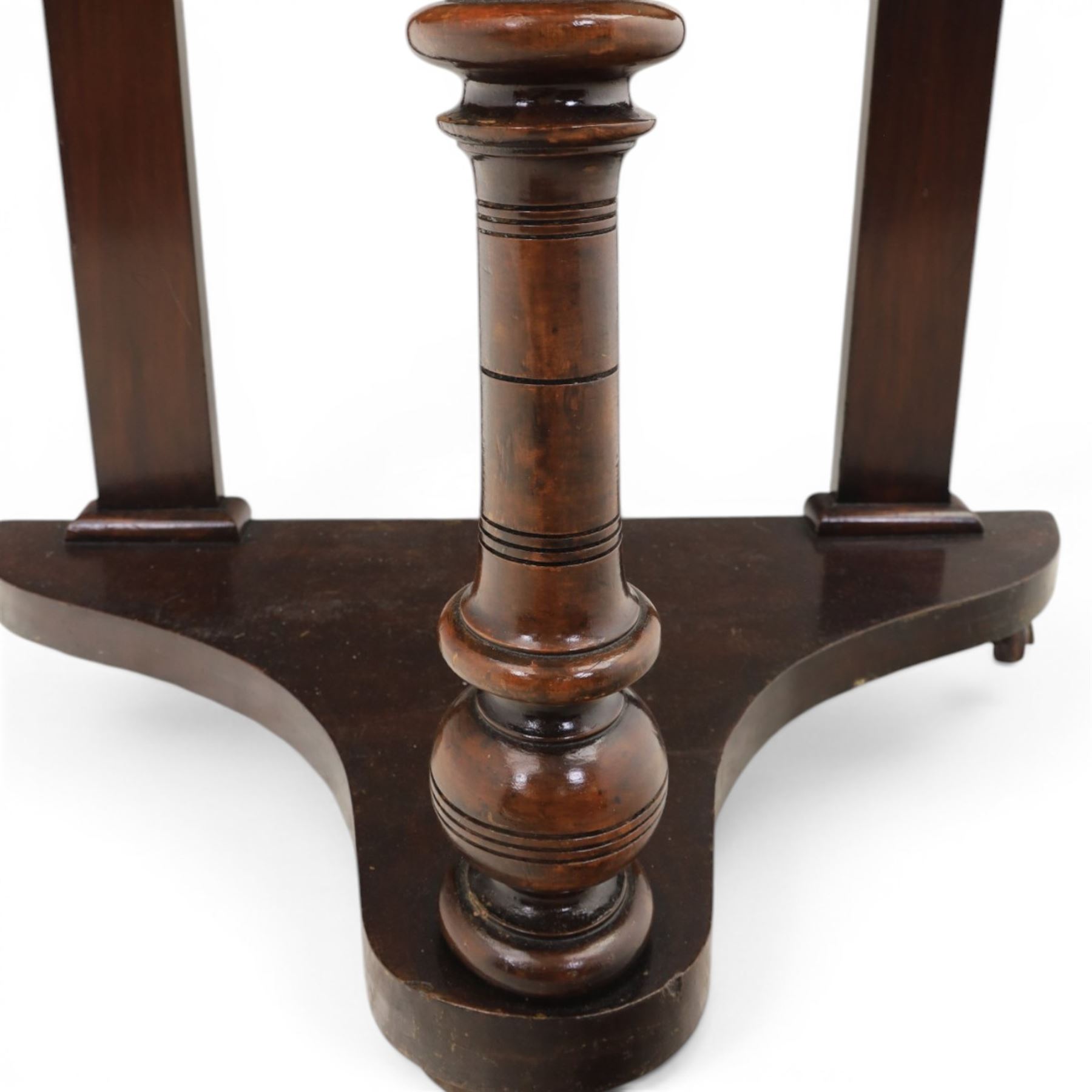 Victorian mahogany marble topped demi lune console table, raised on a turned front support, with shaped undertier, raised on castors