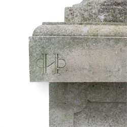 Pair of weathered cast stone Neoclassical design garden Kylix shape urns, foliate moulded rim over a gadrooned underbelly, the scalloped socle over a rectangular pedestal with faux-panelled sides, stamped with stylised ‘H’ monogram