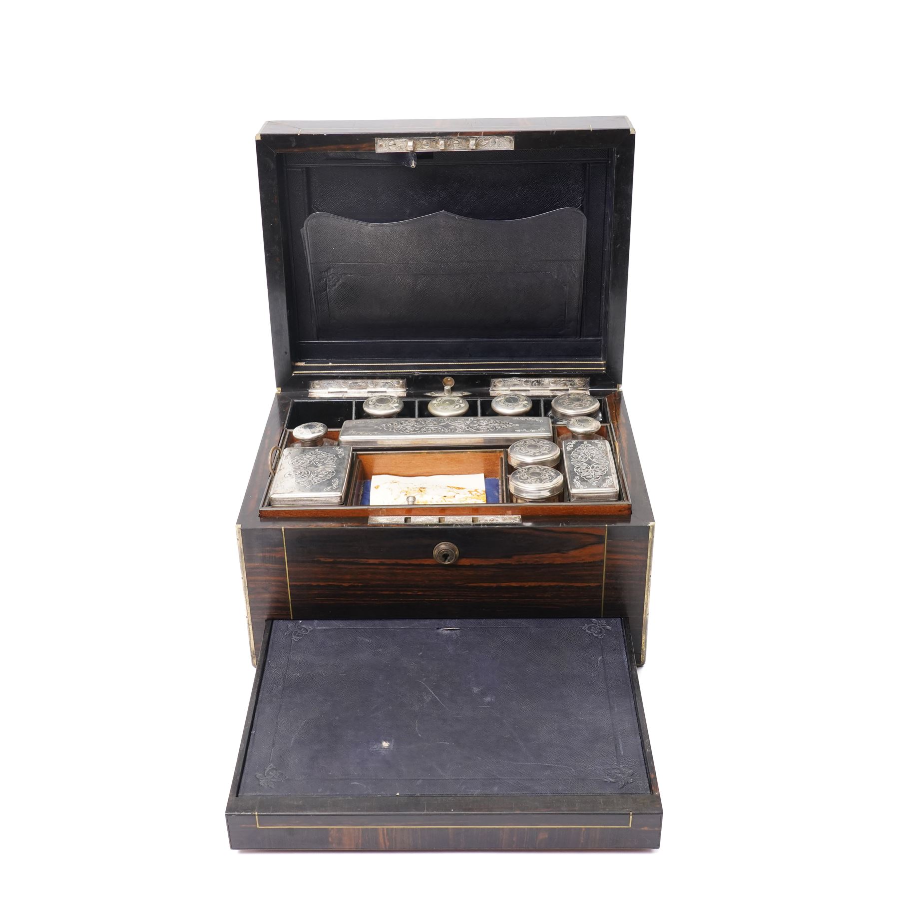 Victorian coromandel vanity box, revealing fully fitted interior with partial en suite vanity set, leather document pocket, the concealed draw accessed by pin mechanism, H18.5cm x W31.5cm x 23cm 