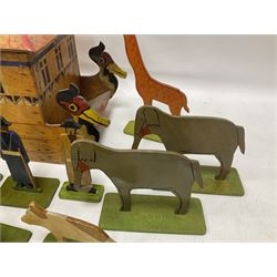 Scratch built wooden Noah's Ark with painted decoration and twenty seven two-dimensional painted wooden figures, including eleven pairs of animals, Ark H25cm, W48cm