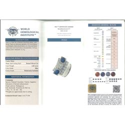 Platinum sapphire and diamond abstract design dress ring, pave set with eighteen old cut and round brilliant cut diamonds, with two mixed cut sapphires at each end, in a curved design setting, total sapphire weight approx 2.68 carat, total diamond weight approx 1.95 carat, with World Institute Report