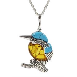 Silver turquoise and amber kingfisher pendant necklace, stamped 925