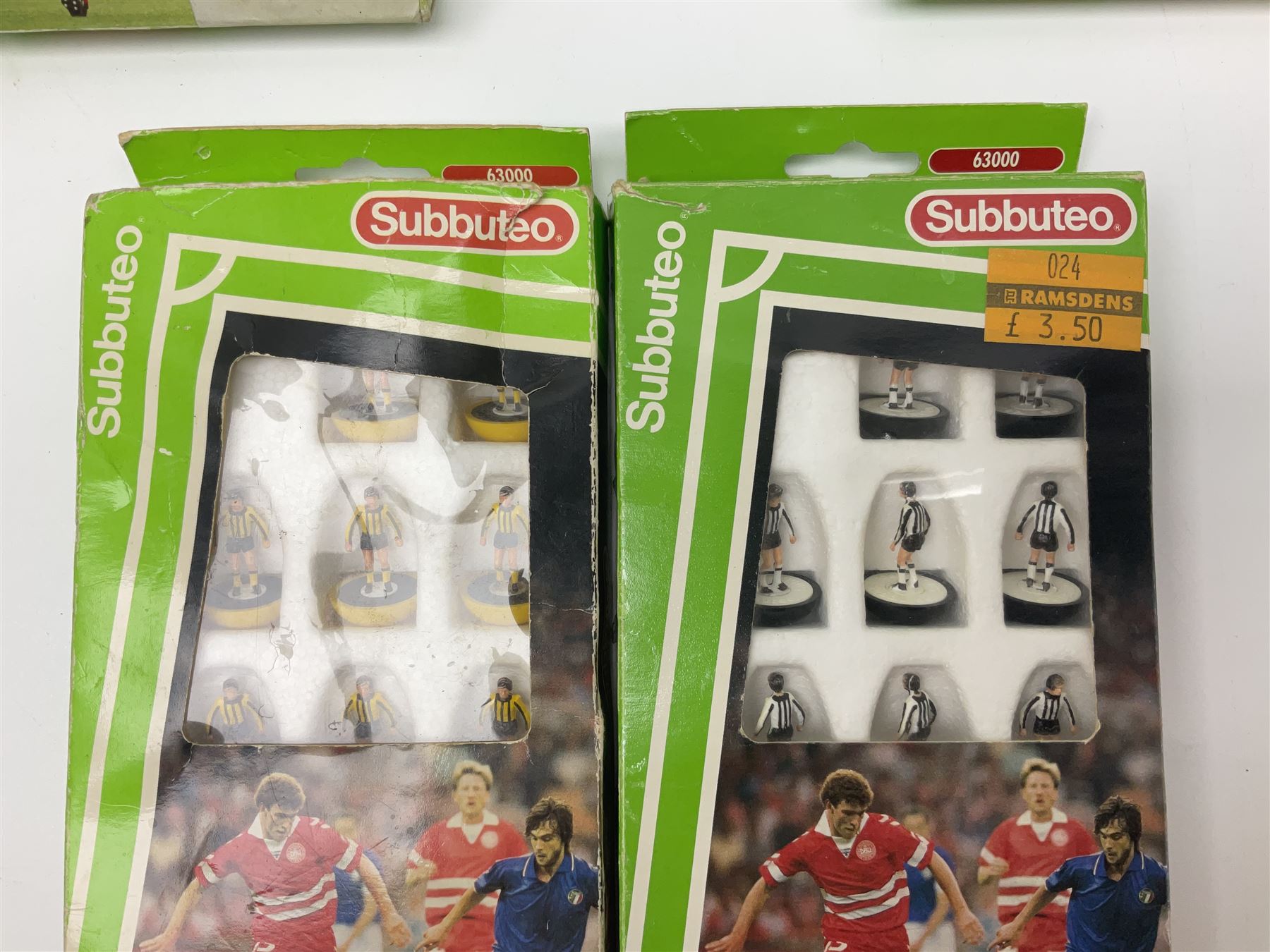 Subbuteo - table football game with plain red and blue teams; looks to be unused in box; six individually boxed additional teams comprising 779 Leeds United 2nd, 770 Manchester United 1993 Premier League Champions, 703 Southampton, 680 Scotland, 287 Notts County/Espinho/Doxa/Grimsby Town and 030 Berwick/East Fife/AEK/Hull City/Lierse; and Corinthian/Tetley Match of the Day Dream Team set of twelve figures on stand