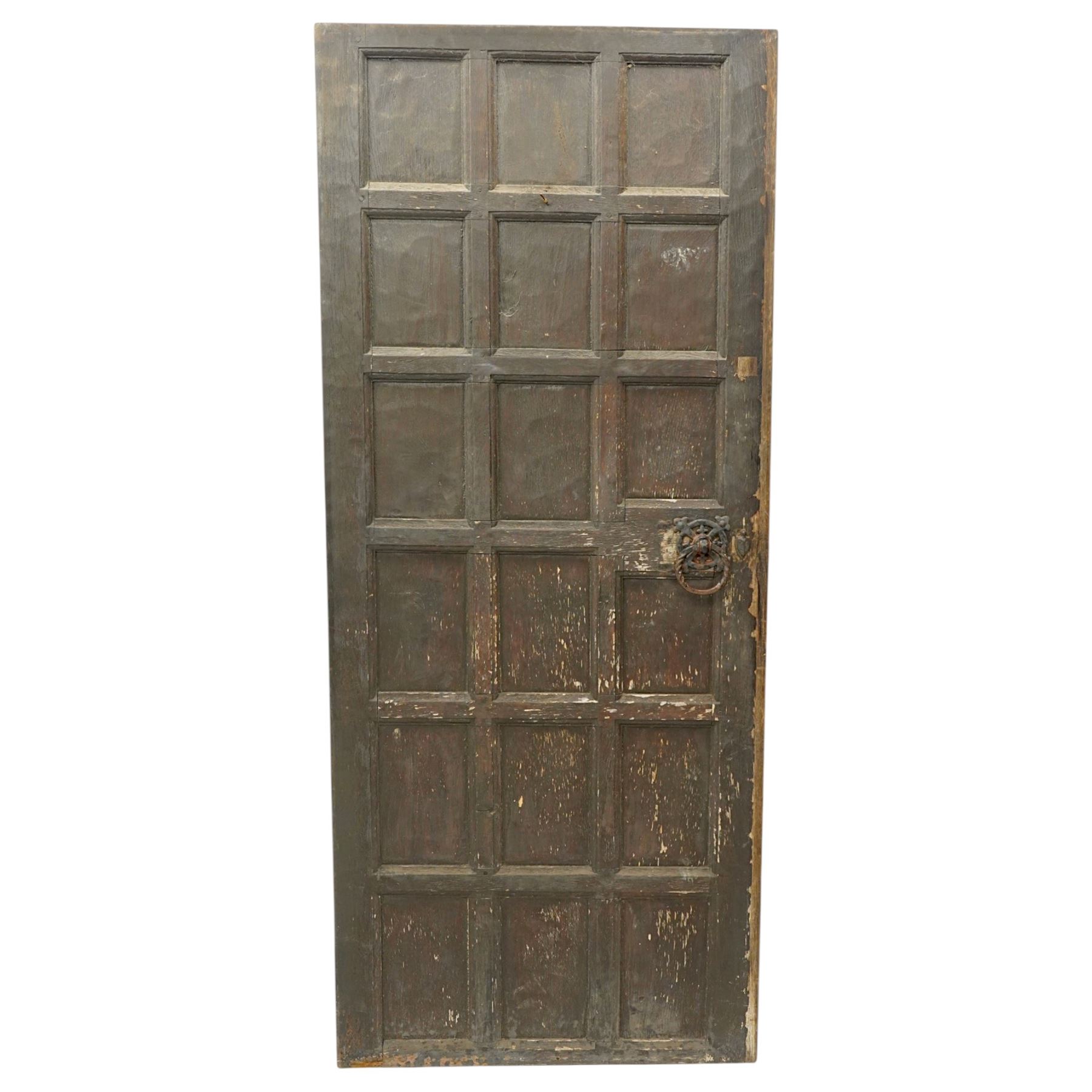 Mouseman - 1940s panelled and adzed oak front door with frame, iron rope twist handles, with carved mouse signature, by Robert Thompson of Kilburn 