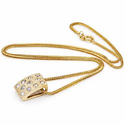18ct gold diamond pendant necklace, eleven rose cut diamonds, rubover set in a curved rectangular pendant, on gold wheat chain necklace 