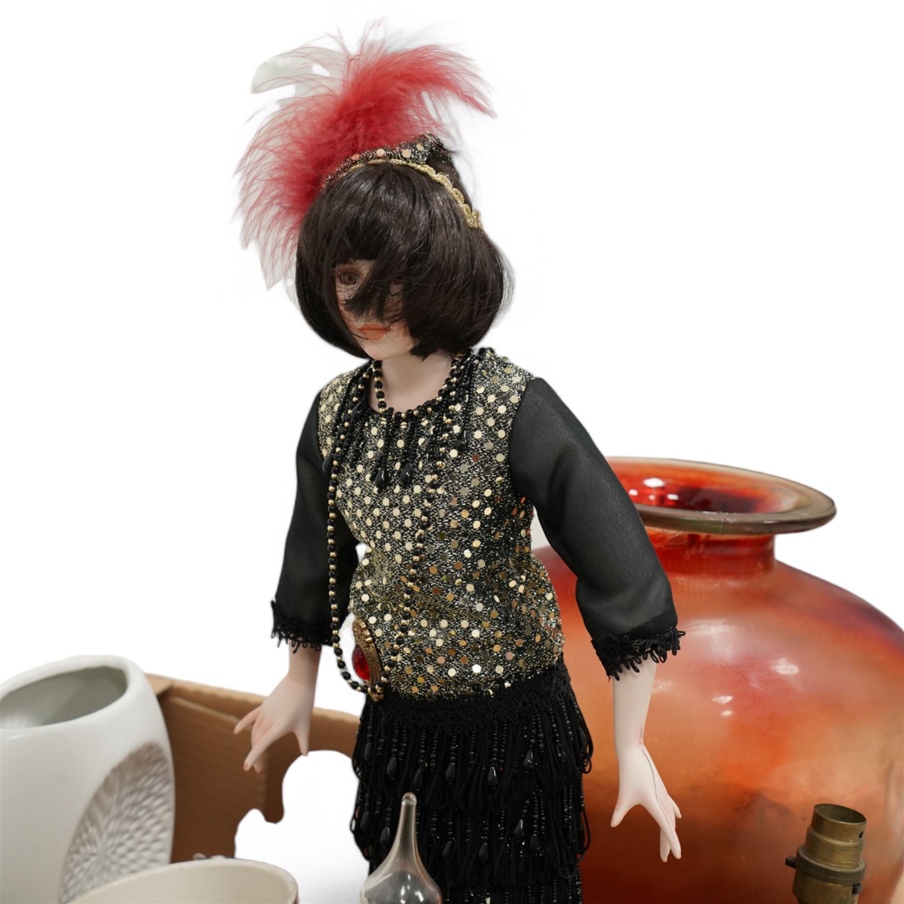 Lomonosov Russia Porcelain Wine Decanter in Red Firebird pattern, Staffordshire ironstone planter, meat plate, Leonardos figures and other mixed ceramics and smalls, contents between four boxes