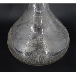 Two Edwardian shaft and globe decanters, the bodies engraved with panels of ferns and other foliage, the stoppers with conforming decoration, tallest H27cm
