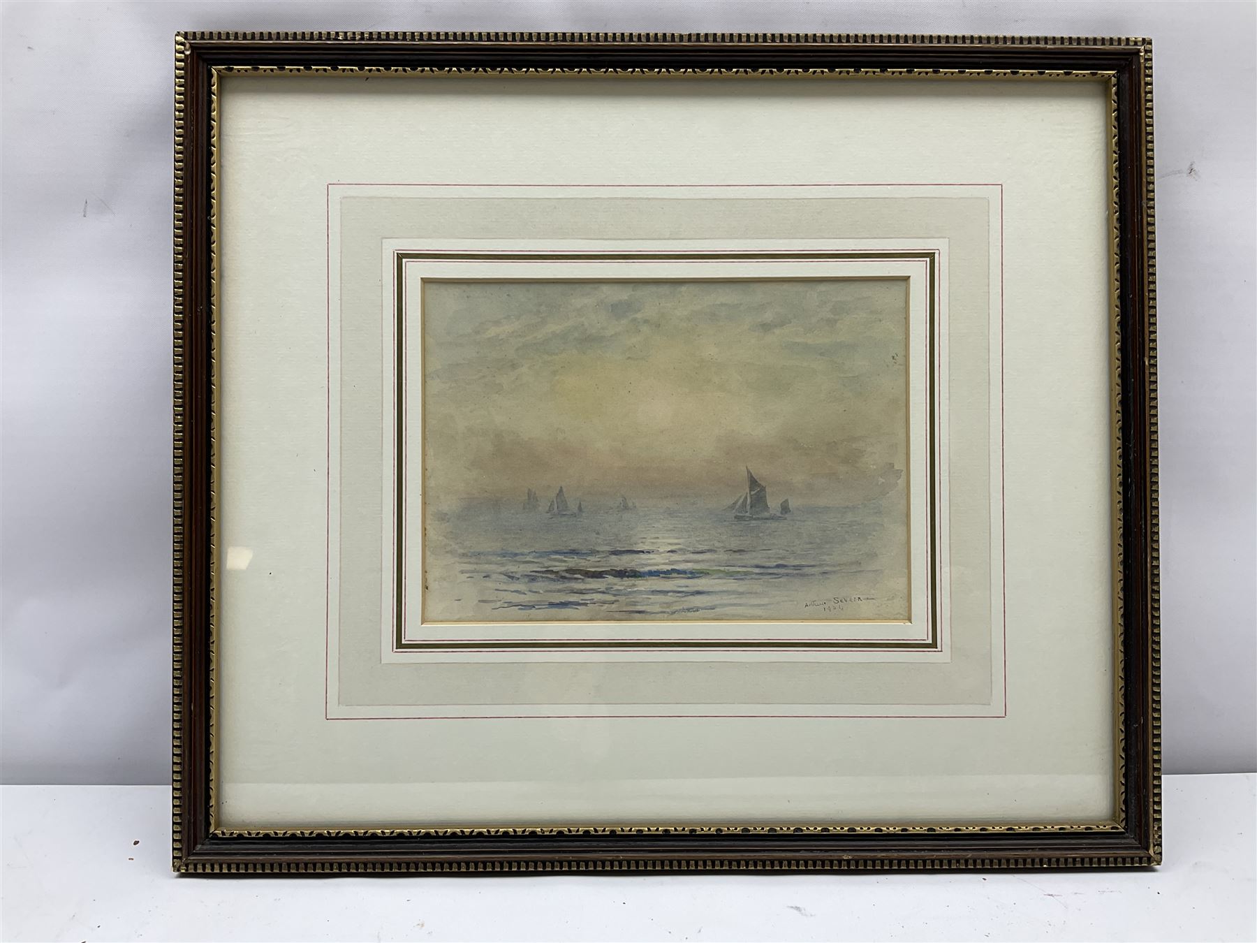 Joseph Arthur Palliser Severn RI ROI (British 1842-1931): Fishing Boats at Sunset, watercolour signed and dated 1904, 12cm x 17cm
Provenance: with The Parker Gallery, Albermarle St. London