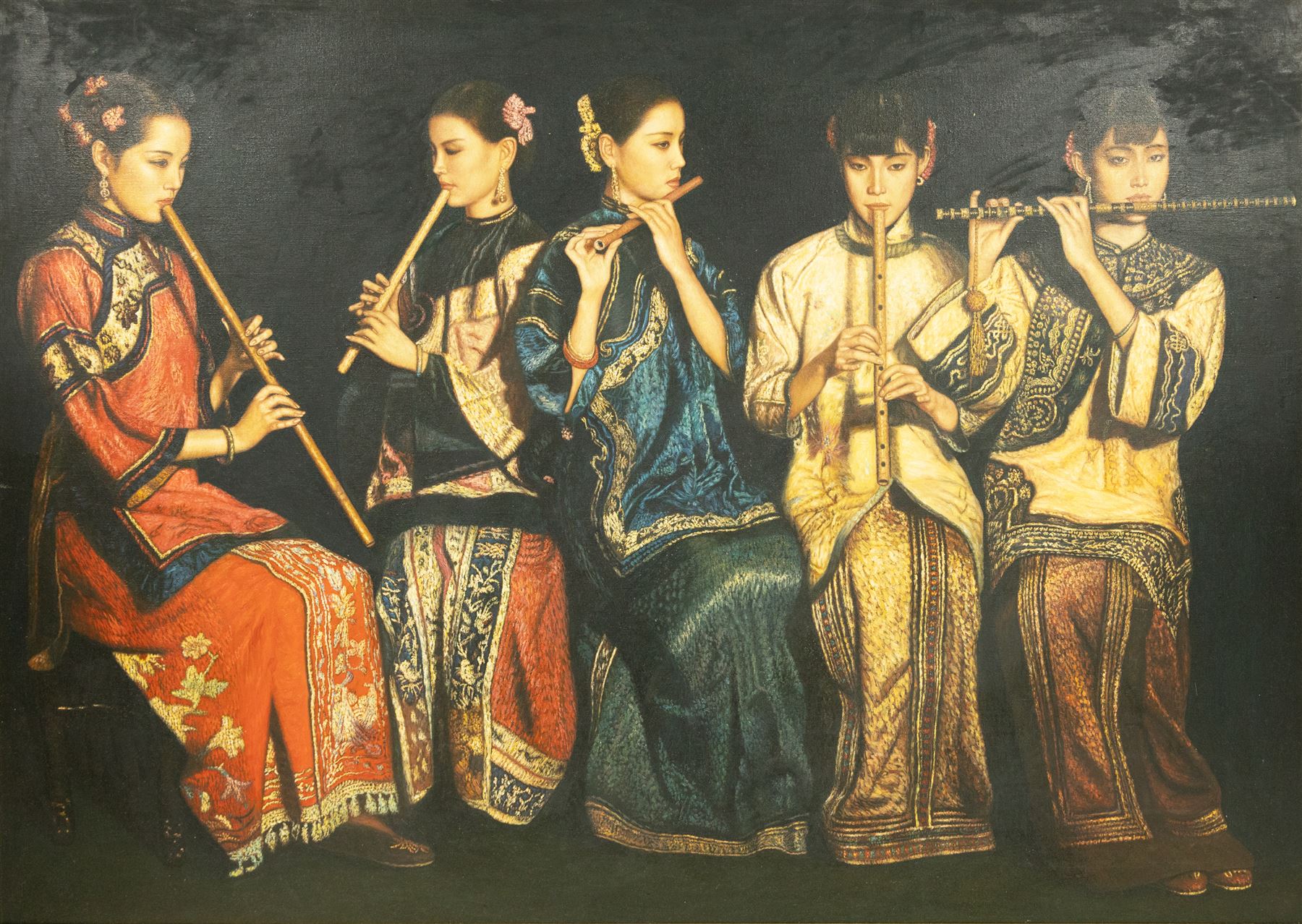 After Chen Yifei (Chinese 1946-2005): The Banquet, oil on canvas 89cm x 125cm 