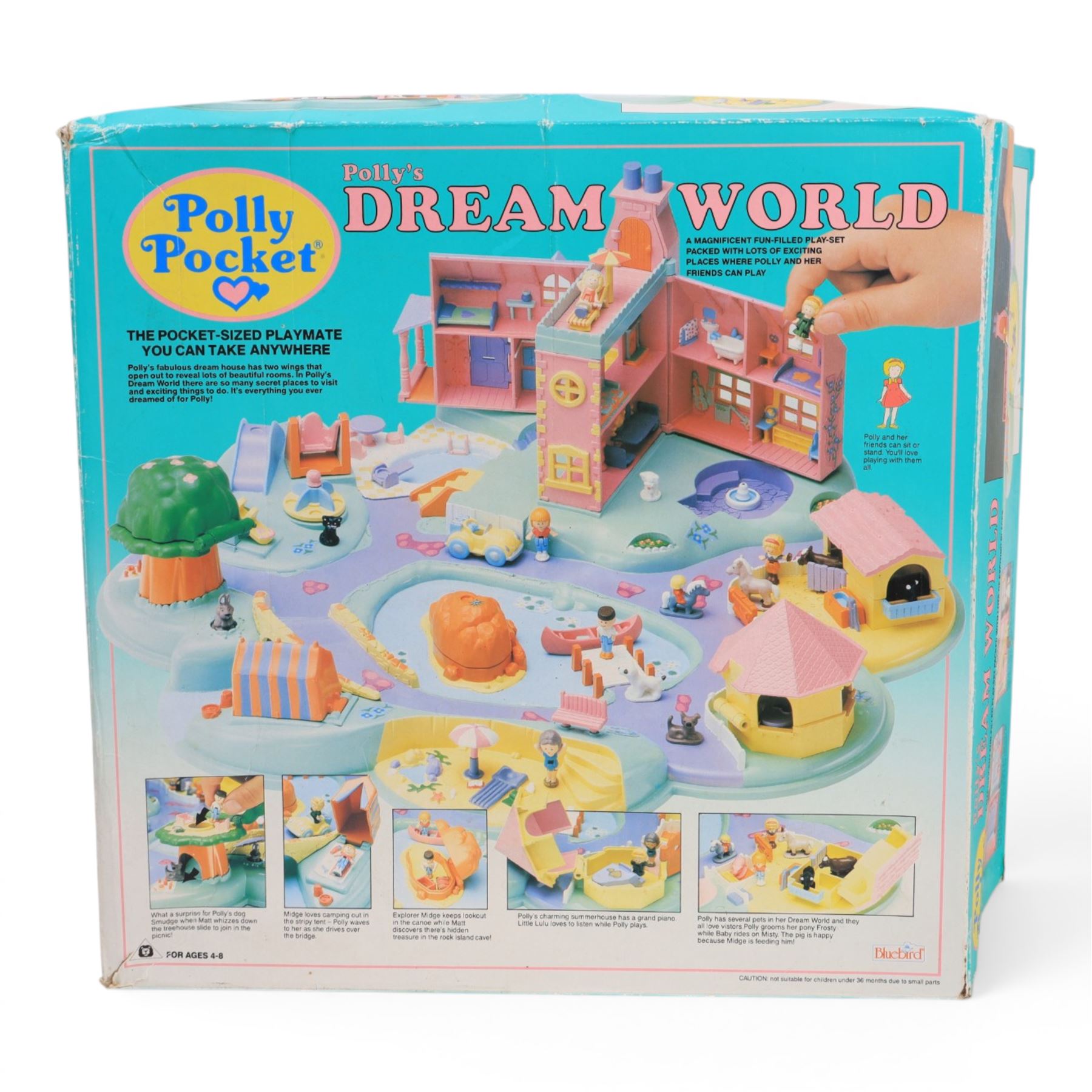 Bluebird Polly Pocket 1991 Dream World playset, with six original dolls and  pig, dog, pony, pink car and yellow canoe accessories, in original box, together with 1996 Bluebird Polly Pocket Magical Movin' Pollyvillle Playset, with five original dolls including magnetic Polly and eight dresses and a boxed 1991 Let's Party Board Game