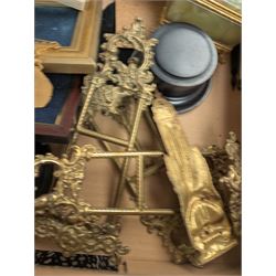 Brass easels, onyx box, frames, costume jewellery, pen nibs, etc, in two boxes