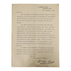 David Lloyd George (1916-1922), typed letter dated 1st September 1919 on Downing Street headed paper, thanking members and officials of the Great War tribunals, with facsimile signature, 25cm x 19cm