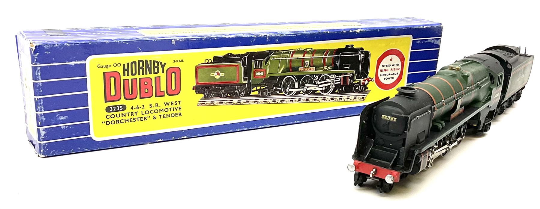 Hornby Dublo - three-rail Rebuilt West Country Class 4-6-2 locomotive 'Dorchester' No.34042 with tender, instructions and amendment sheet, guarantee and oil tube in blue striped box
