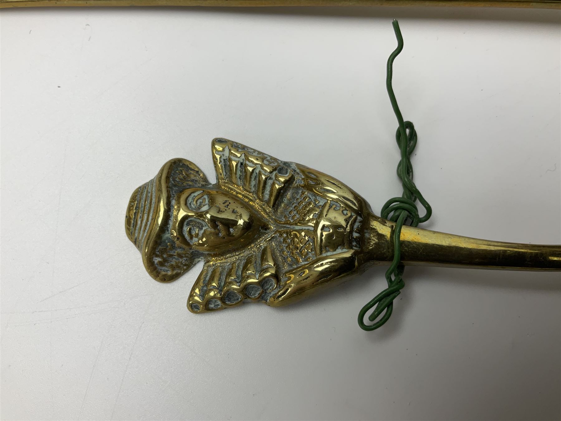 George III oak spoon rack and candle box, the rectangular backplate with shaped  pediment and two six aperture spoon racks, above a candlebox with hinged cover, with various brass spoons and a pair of brass candle snuffers, H56.5cm, W35cm, D14cm 