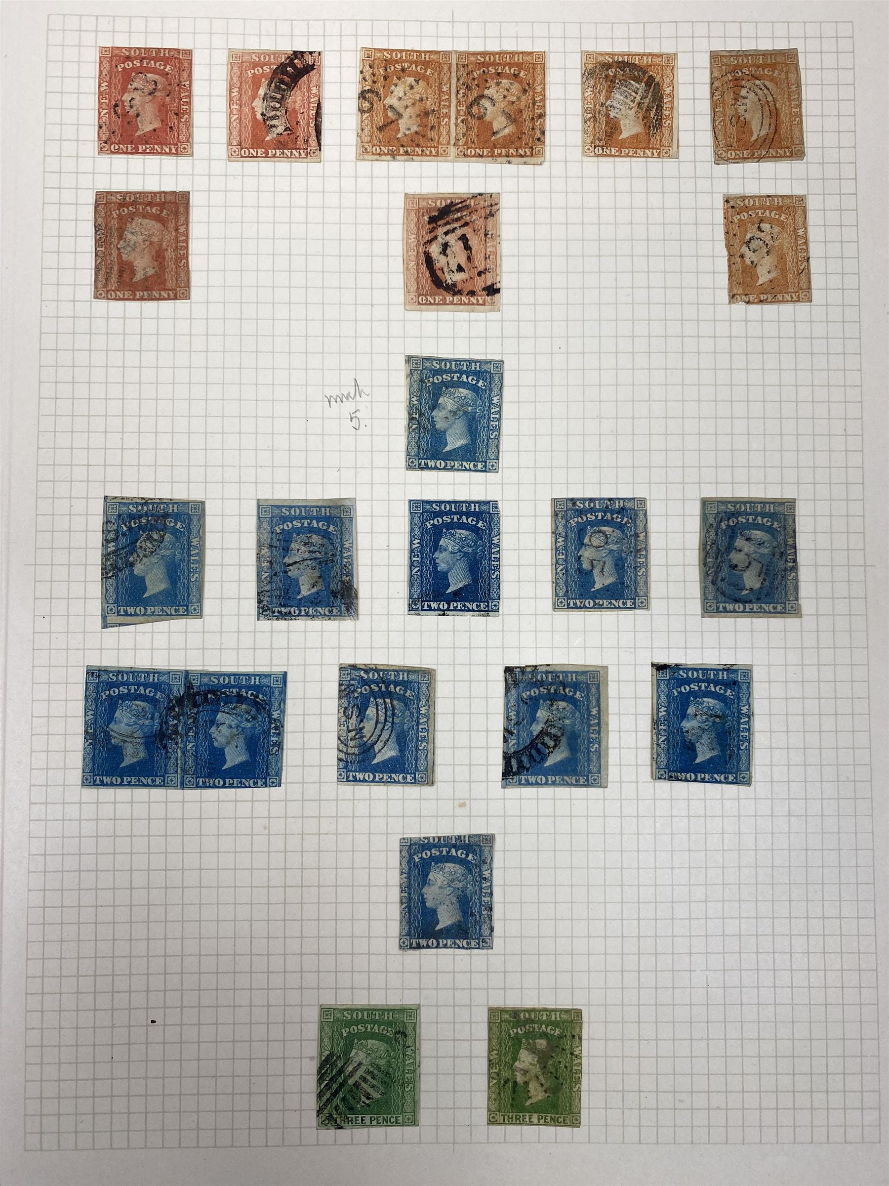 Australia New South Wales stamps, including 1850-4 various imperf issues, 1854-6 including five pence, six pence, one shilling etc, 1856-60 registered letter stamps, 1861-88 five shillings etc, housed on pages