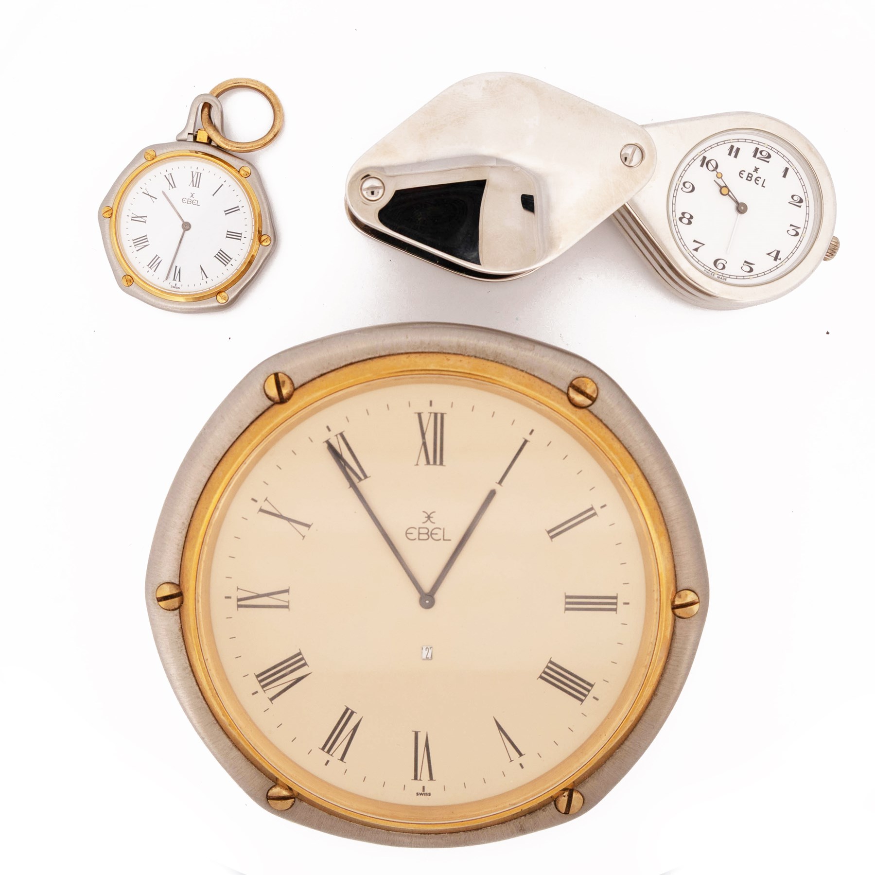 Ebel Loupe travelling alarm clock, in leather case, Ebel desk clock and fob watch